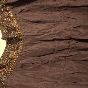 BCBG MaxAzaria Silk Maxi Tiered Crinkle Brown Skirt Beaded Hem size Small
